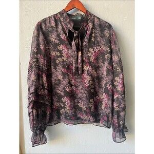 Lauren Ralph Lauren Sheer Floral Tie-Neck Blouse in Black and Pink